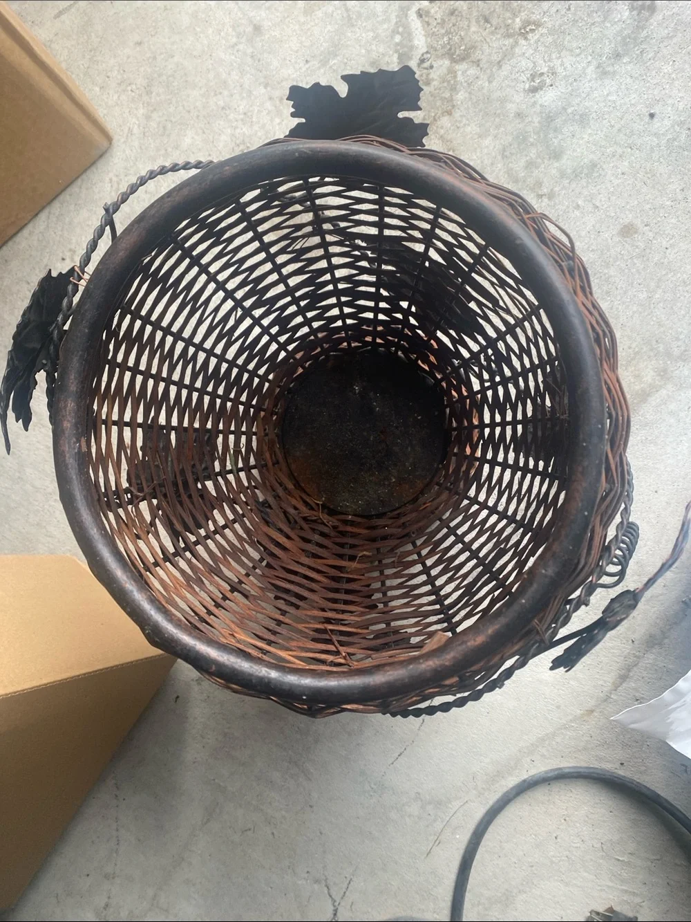 Woven Rattan Decorative Vase planter with Metal Grape Accents - Brown